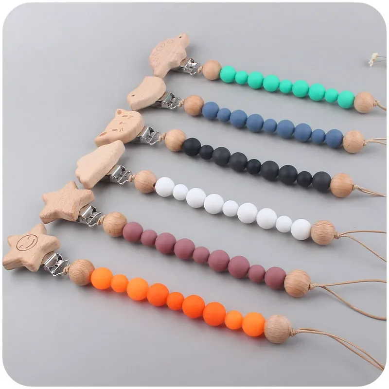 Baby Pacifier Clip Wooden Teethers Bracelet Set Silicone Beads Infants Teething Toy Anti-lost Chain Cartoon Star Cloud Cat pacifier clip