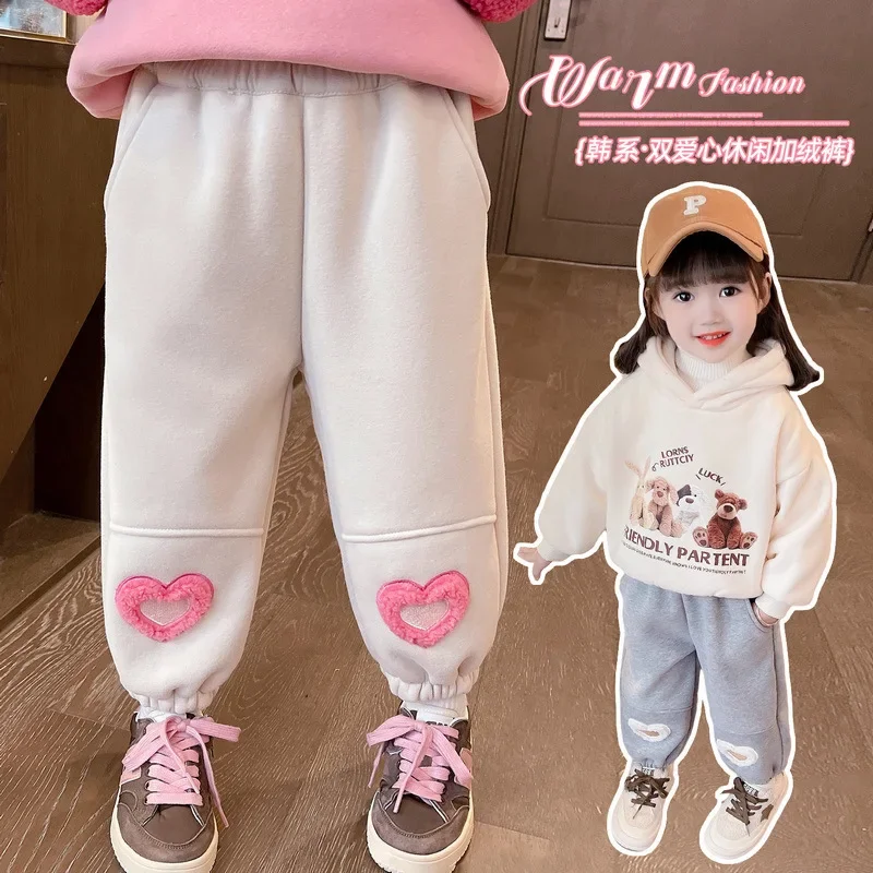Girls Fleece Pants Warm Trousers For Kids Love Heart Children Trousers Fall Winter Baby Thicken Clothing Korean Style