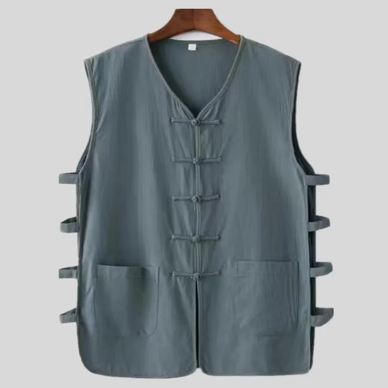 Tang Suit Traditional Chinese Clothing for Men Tee Tops Kung Fu Vests Cotton Linen Sleeveless Viking Pirate Blouse T-Shirt Coat