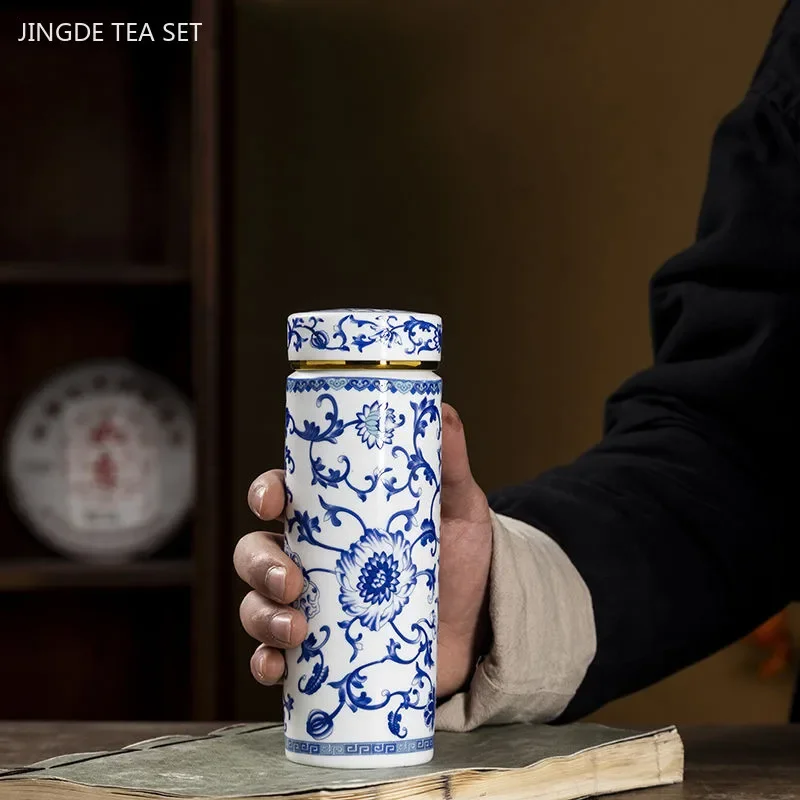 380ml Jingdezhen Ceramic Enamel Color Teacup Double Inner Liner Blue and White Porcelain Tea Cup Office with Cover Cup