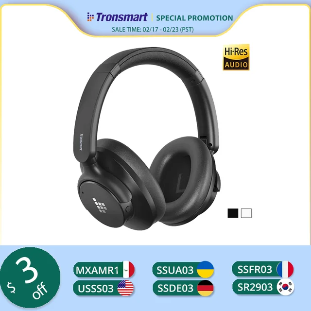 Audífonos bluetooth inalámbrico Tronsmart Sounfii Q20S Auriculares Bluetooth con audio de alta resolución, cancelación activa híbrida de ruido, tiempo de reproducción de 60 horas