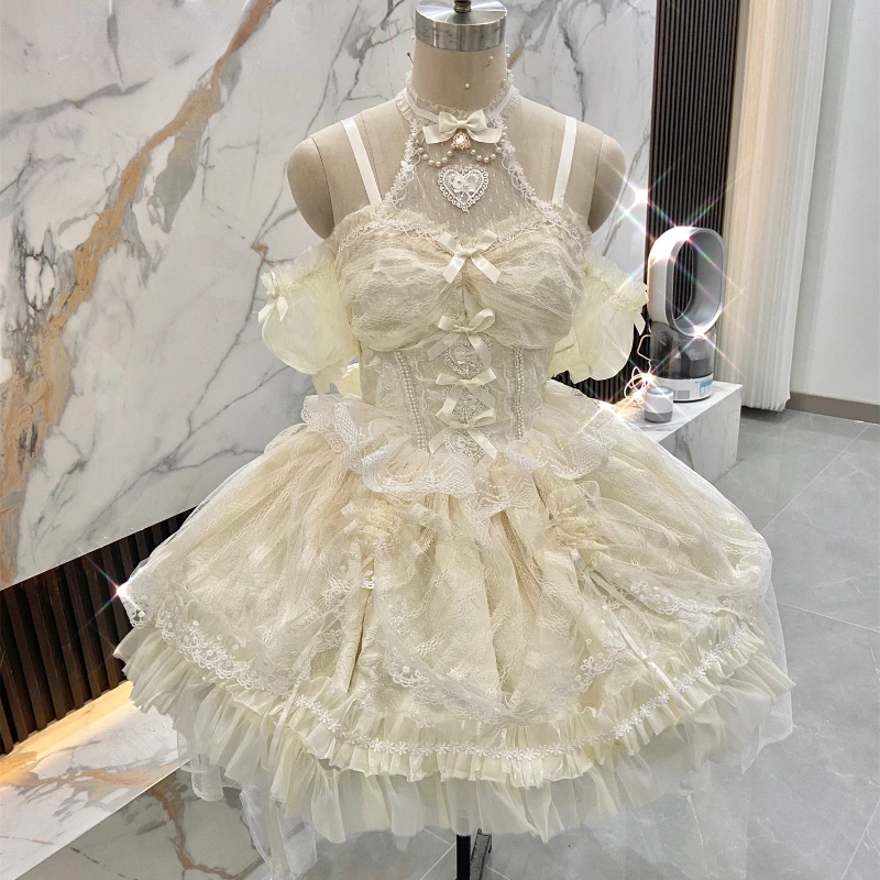 Japanese Sweets Lolita Jsk Dresses Kawaii Women Vintage Elegant Lace Mesh Princess Strap Dress Harajuku Lolita European Clothing images - 6