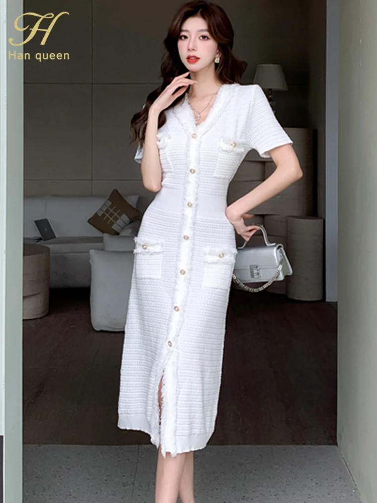 

H Han Queen Summer Women Simple White/Black Dresses Office Sheath Pencil Midi Dress Elegant Knitted Bodycon Party Casual Vestido