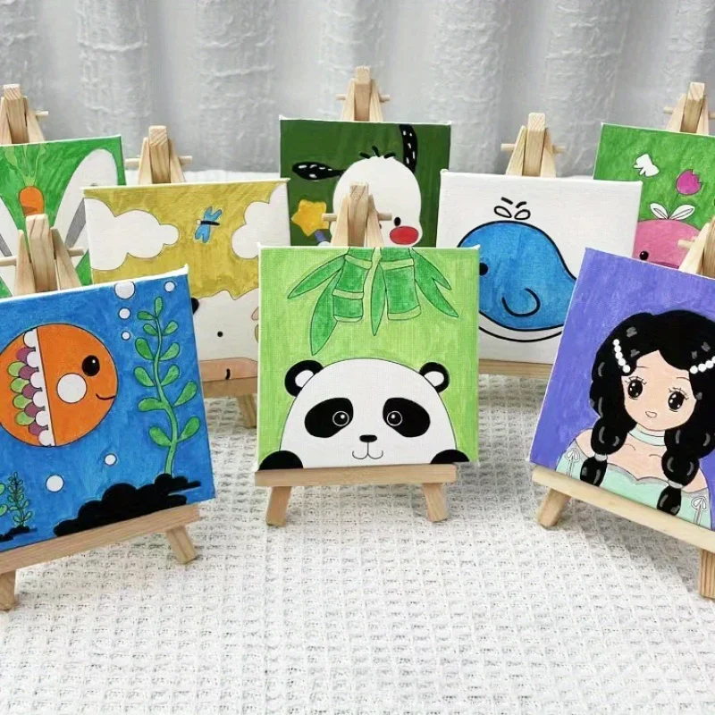 Painting Board Canvas Paint Set with Paint Tools DIY Painting Kit with Pre-Drawn Canvas + Mini Wooden Stands Kids School Children's Day Gifts
