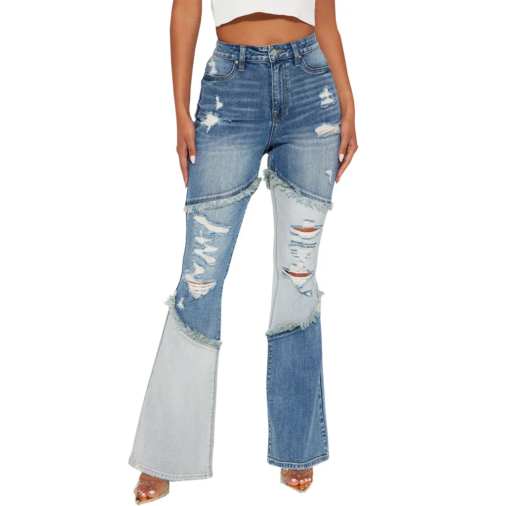 

Zoctuo Women Vintage Denim Pants High Waist Zipper Hole Flare Trousers Fashion Tassels Slim Light Blue Jeans Pant Streetwear