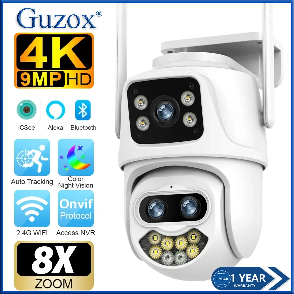 

Guzox 9MP 4K HD 2.4G WiFi IP Camera Outdoor 8x Optical Zoom Three Lens Dual Screen PTZ Camera Auto Tracking Onvif NVR CCTV Cam