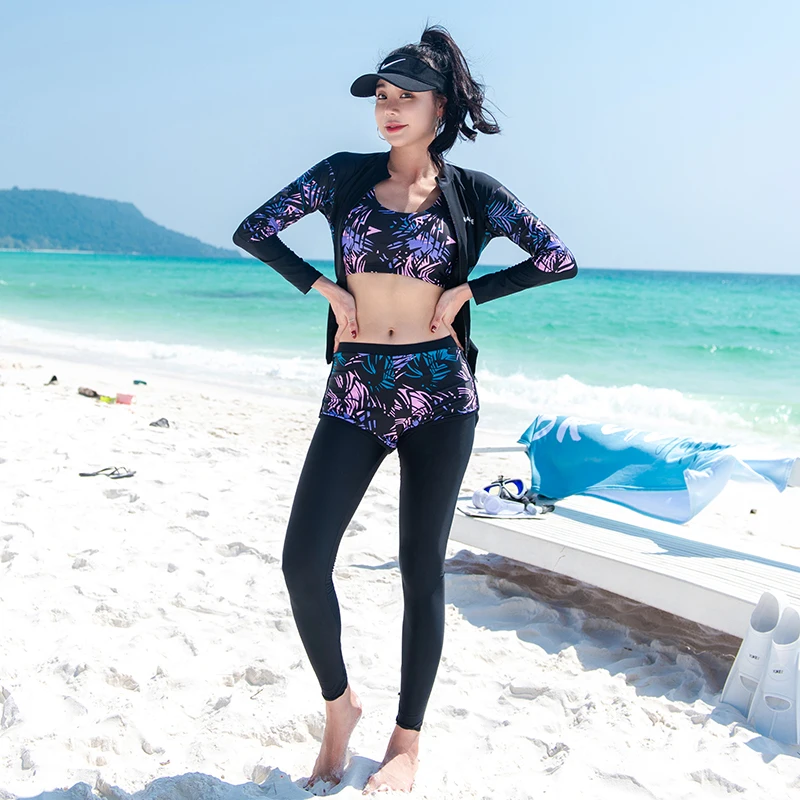 2026 Couple Swimwear Men Swimsuit Women Swimsuit Long Sleeved Pants Hot Selling Printing 5-Piece Set Wholesale And Retail