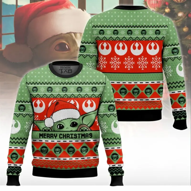 Baby Yoda Ugly Christmas Sweater Funny Holiday Party Pullover Warm Cozy Oversized Classic Sweater for Mens Kids Xmas Gift 2026