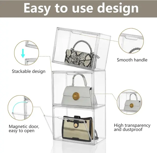 Clear Display Box Organizer Stackable with Magnetic Door Large Capacity Storage Box Purse  Showcase For Makeup Book Collectibles