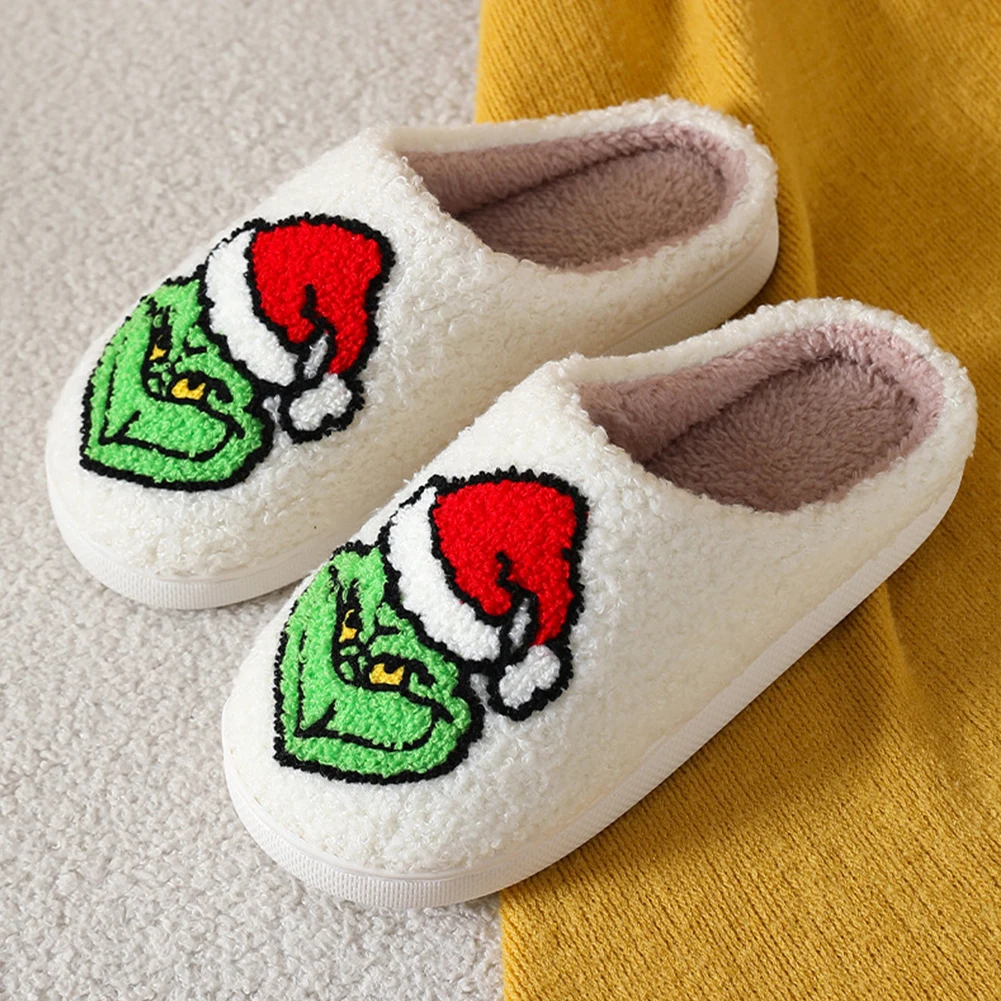 For Grinch Plush Slippers Flat Thermal Slippers Comfortable Fluffy Home Slippers Furry Green Monster Slippers for Indoor Bedroom 2