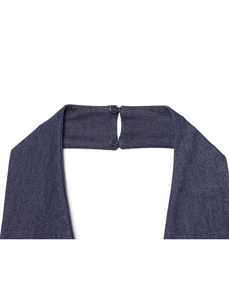 TFMLN 2025 Female Halter Hollow Denim Dress Solid Sleeveless Backless Metal Decoration Midi Dresses Summer Beach Holiday Outfit