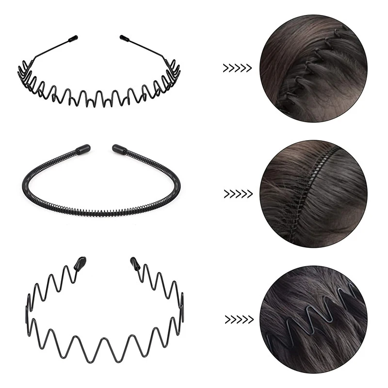 

6PCS Black Metal Waved Style Sports Hairband Durable Non-slip Men Women Unisex Hair Band Casual Adult Headwear Boy Fashion Gift