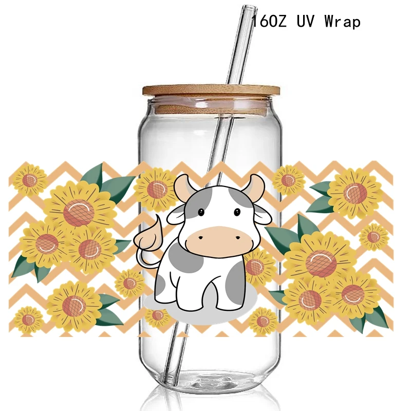 3D Retro Sunflower Cow UV DTF Cup Wraps stickers Spring Cow Flowers UV Wrap Transer for 16oz Libbey Glass