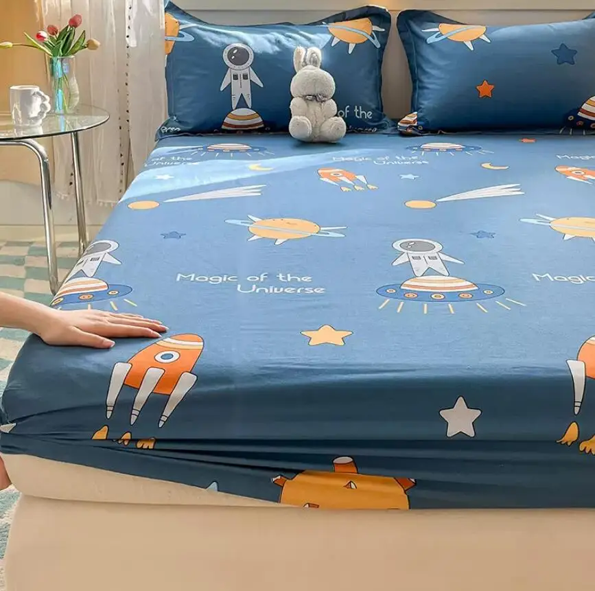 100% Cotton Bed Fitted Sheet With Elastic +2pc Pillowcases Flower Aerospace Bed Sheet Single Full Queen King Cal-King Size B82A 5