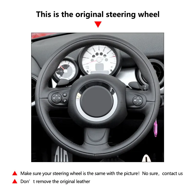 Lenkradbezug für BMW Mini R56 R57 Hatchback Clubvan Cabrio Coupé 3-Speichen-Lenkrad Lederbezug mit rotem Streifen – Detail 1