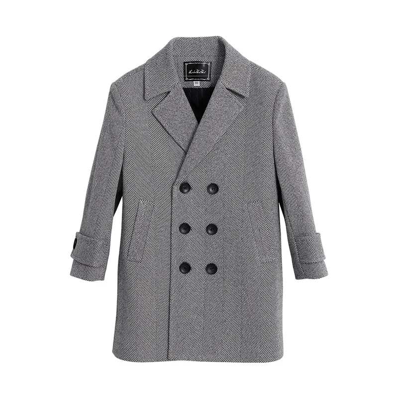Boys Woolen Blends Coats For Autumn Winter New Fashion Solid Plus Cotton Warm Turn Collar Long Outerwear Children's Clothes