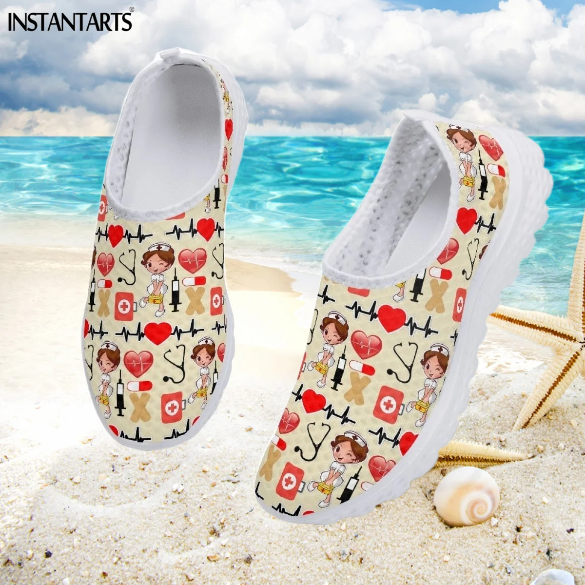 

New Nurse Shoes Yellow Print Nurse Girls First Aid Design Flat Shoes for Teen Girls Summer Breathable Air Loafers Zapatos Mujer