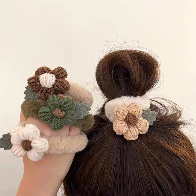 43238-a6e0ca.jpg Fashion Plush Hair Scrunchies With Weave Flower Charms No Damage Hair Ties Loop For Women Girls Ponytail Holder Daily Headwear