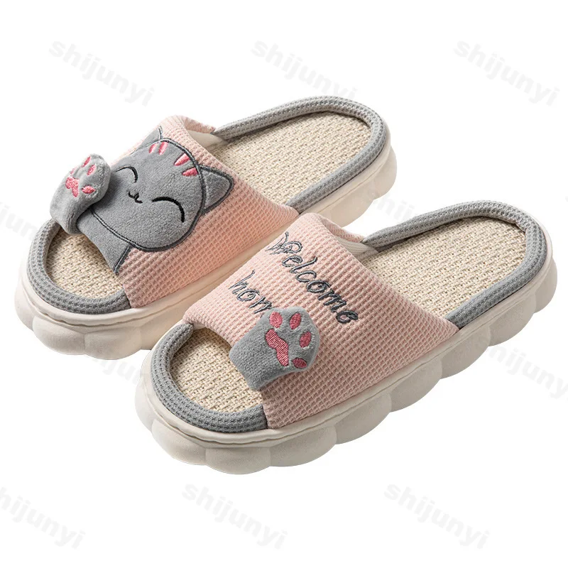 Women House Casual Slippers 2026 Spring Autumn Linen Platform Cute Cartoon Cat Floor Indoor Slippers Fashion Elegant Home Shoes - 6