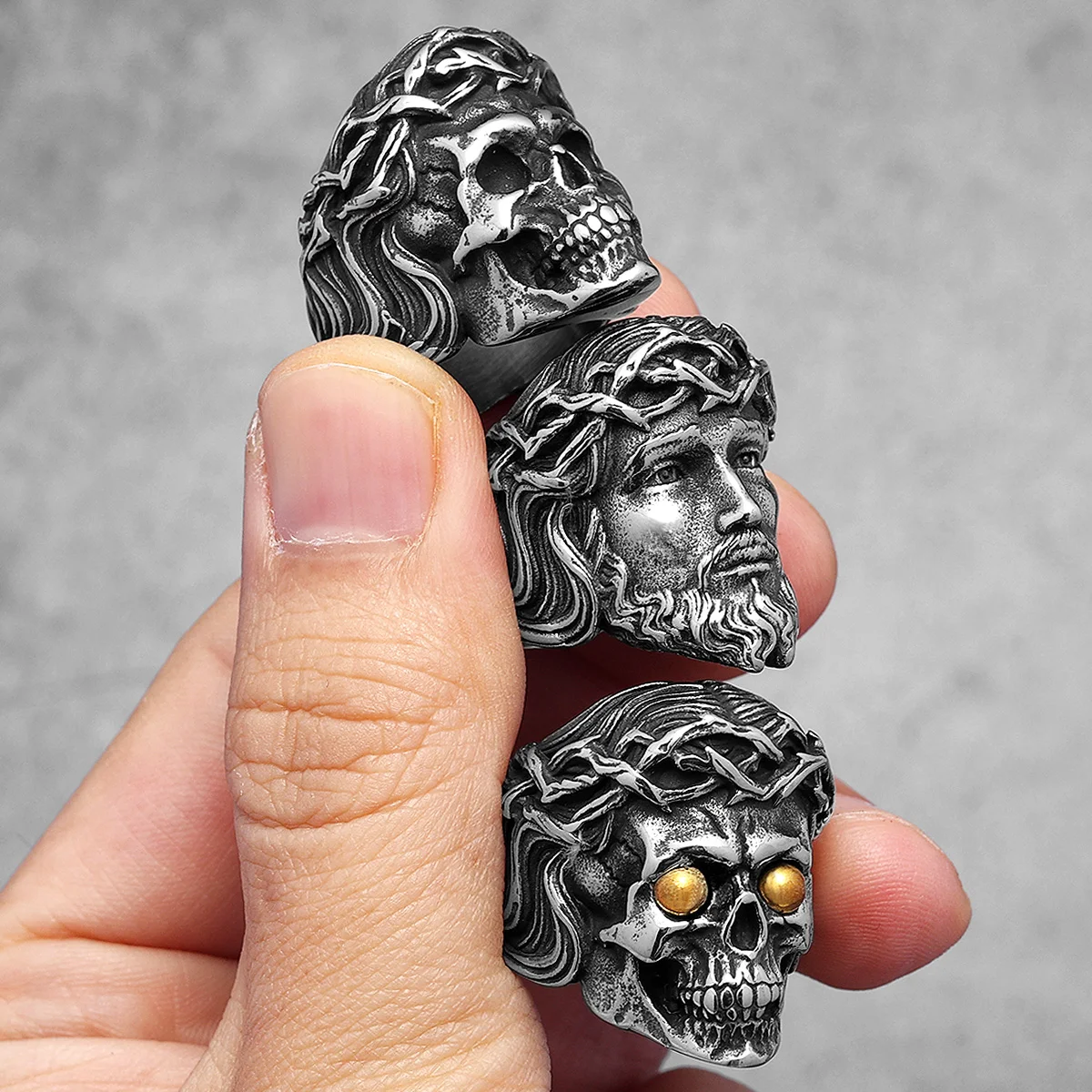 PAURO Anello Uomo Teschio Indiano In Acciaio Inossidabile 316L - Vintage Punk, Fatto A Mano, 3x3,5 Cm, In Sacchetto Di Velluto, Regalo Per Lui - 3