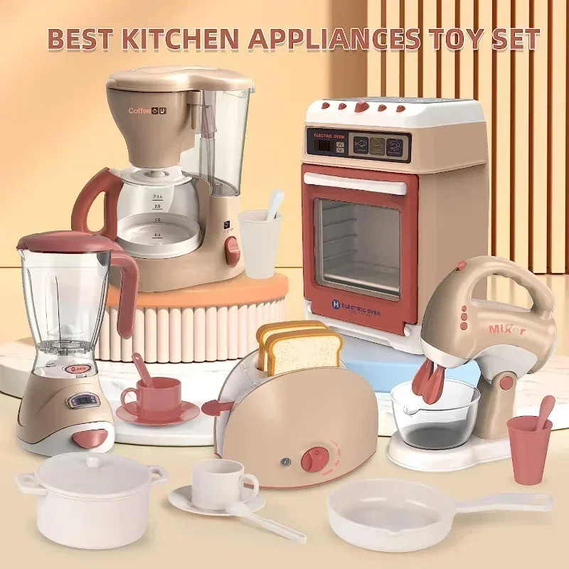 Kids Kitchen Appliances Toy Pretend Play Kitchen Accessories Blender Coffee Maker Mixer Toaster Vacuum with Sounds & Light kitchen toys pretend kitchen toys