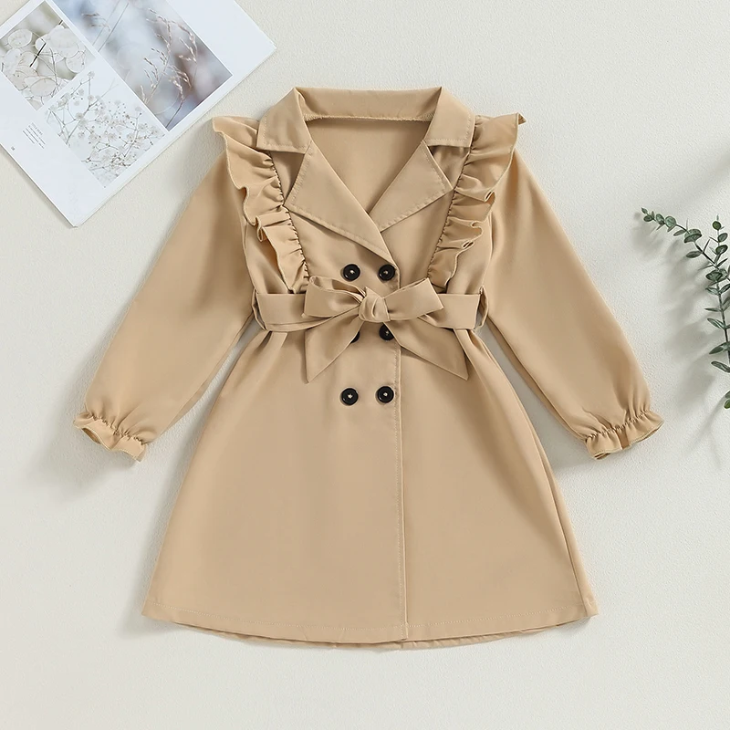 

3-7Y Kids Girl Fashion Trench Coat Ruffled Long Sleeve Lapel Double Breasted Khaki Windbreaker with Belt Fall Winter Clothes