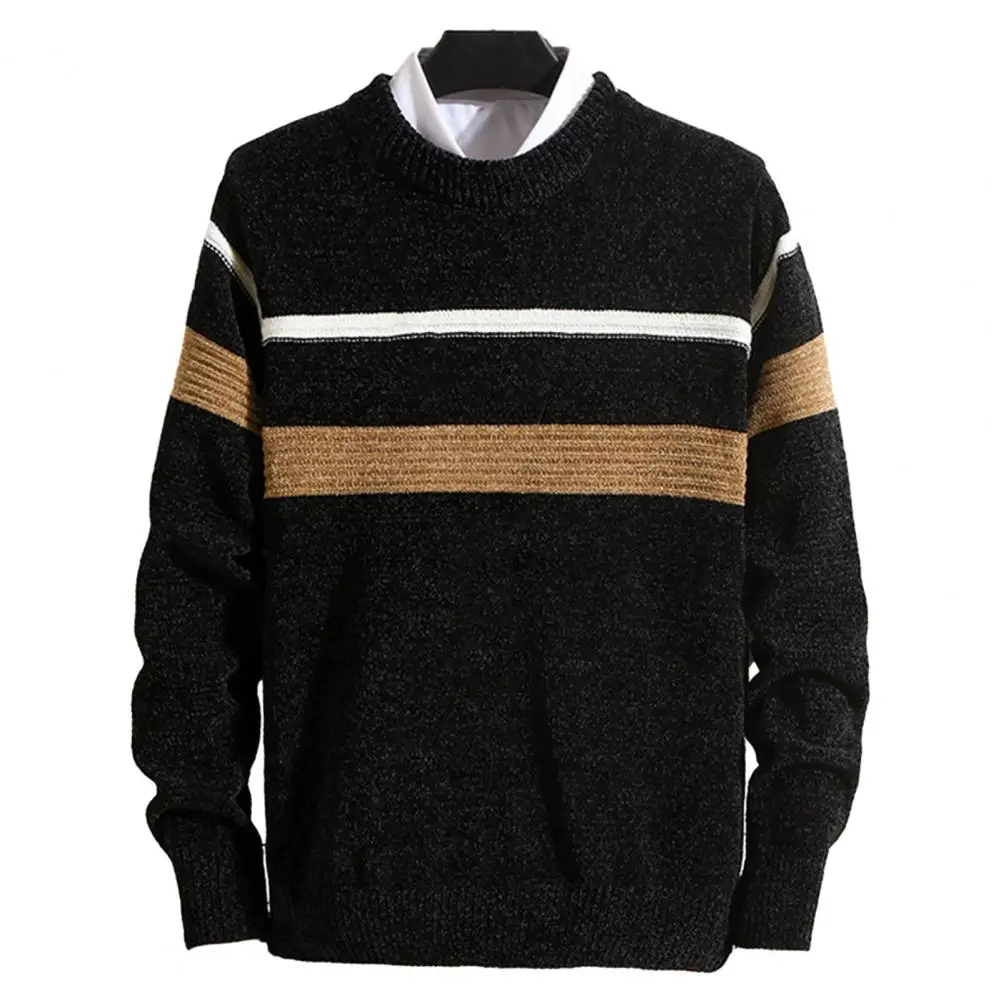 

Autumn Winter Men Sweater O-neck Long Sleeve Striped Print Patchwork Color Slim Fit Pullover Knitting Tops Men Streetwear