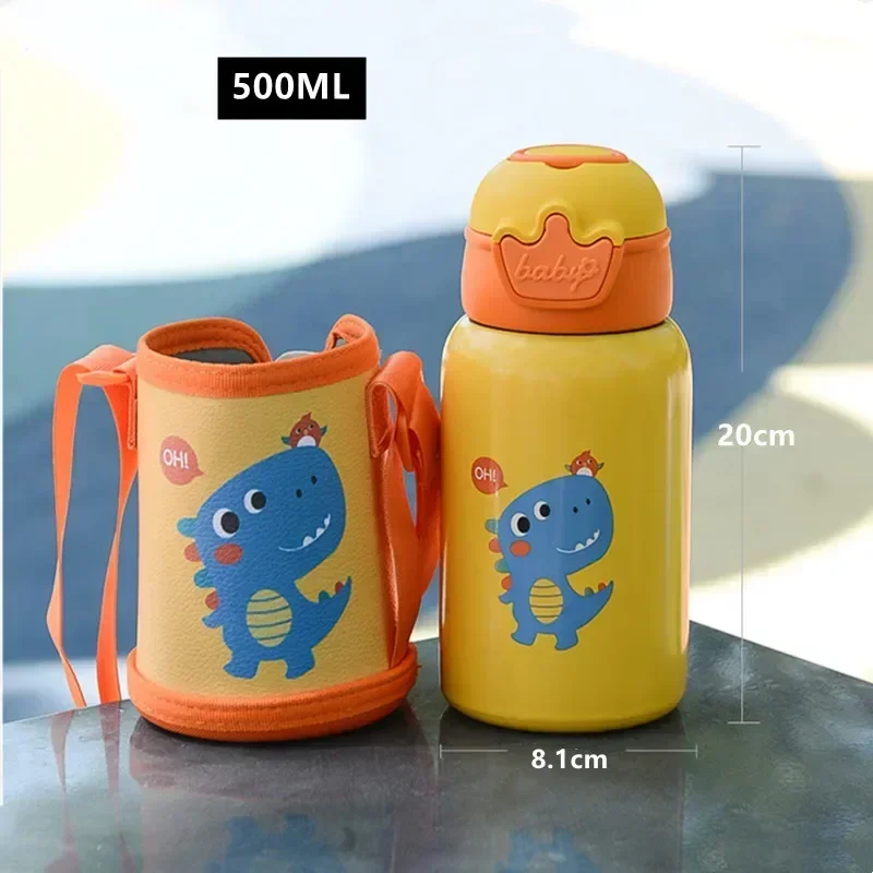 500ml Kids Thermos Mug With Straw Stainless Steel Cartoon Vacuum Flask With Bag Children Cute Thermal Water Bottle Tumbler