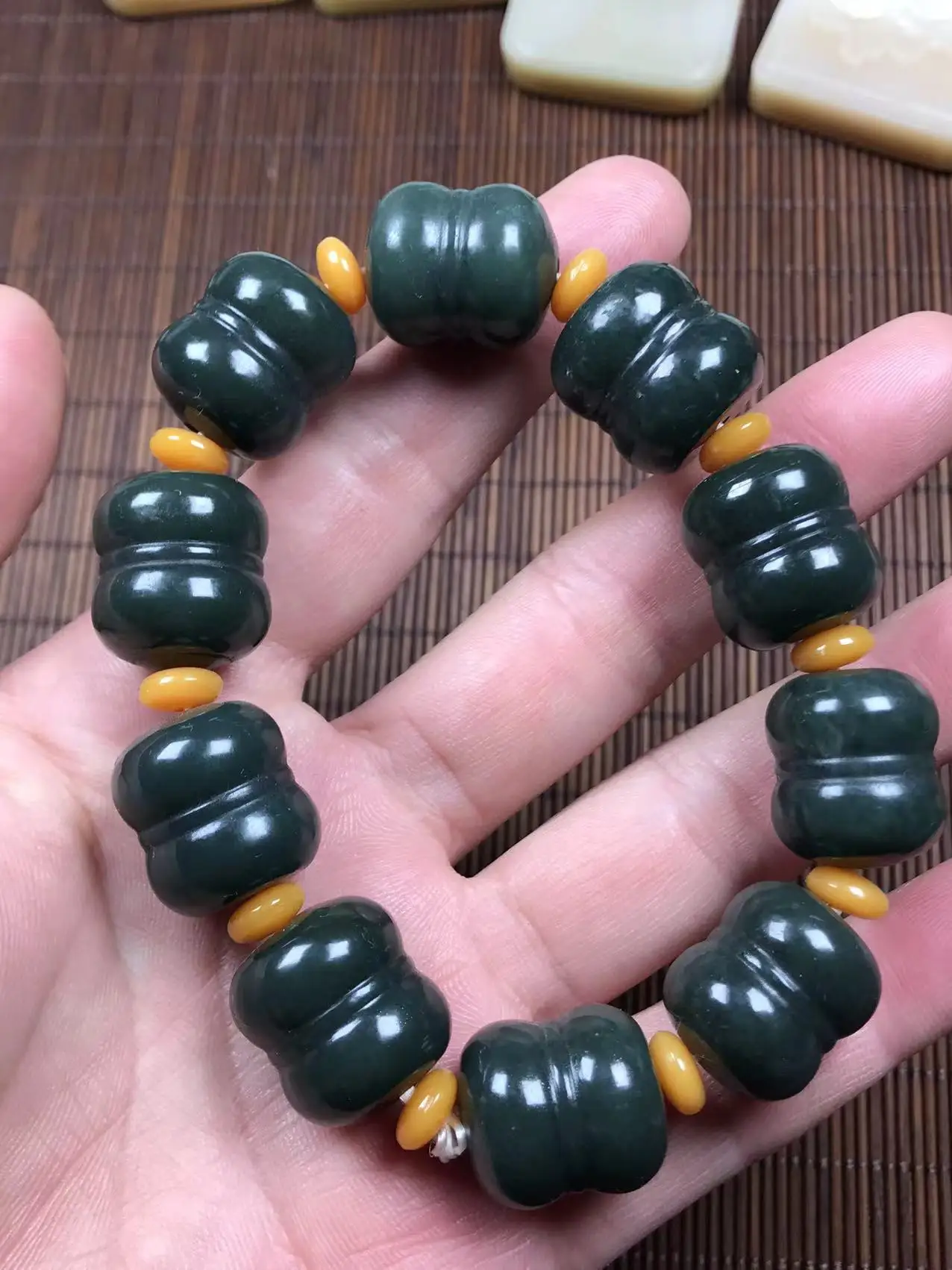 

Natural 100% real green hetian Jade round beads carved Cask beads bracelets for couples woman men Gift with jade bracelet