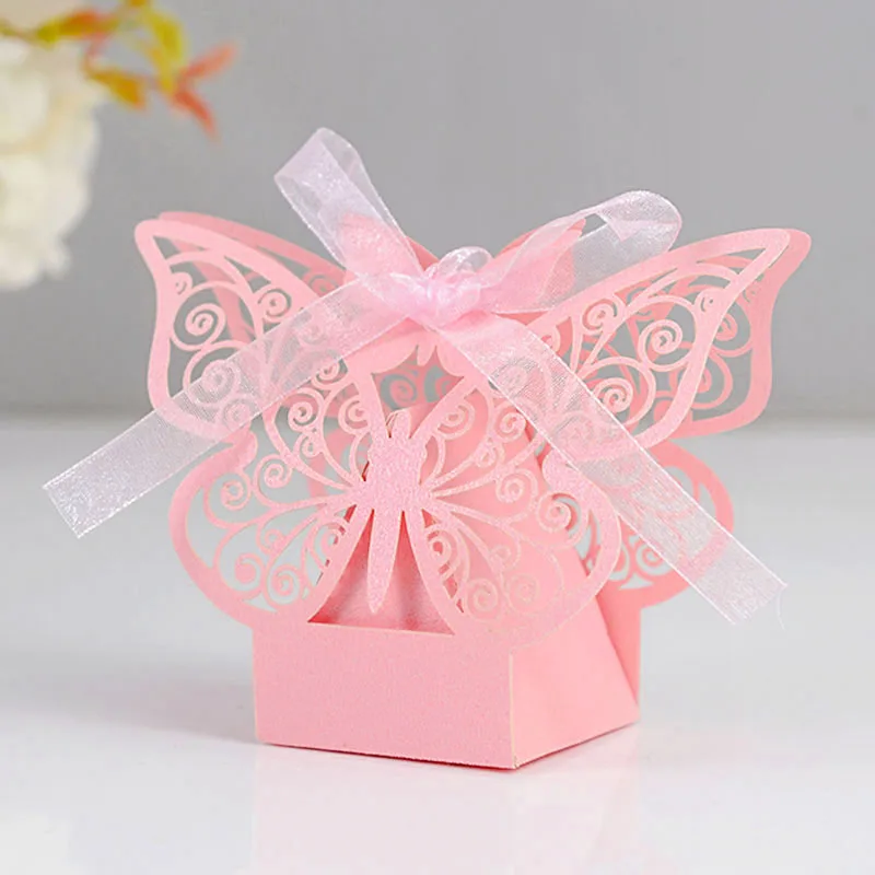 

10pcs Laser Cut Hollow Carriage Butterfly Chocolate Candy Box Favors Gifts Box with Ribbon Baby Shower Wedding Party Supplies