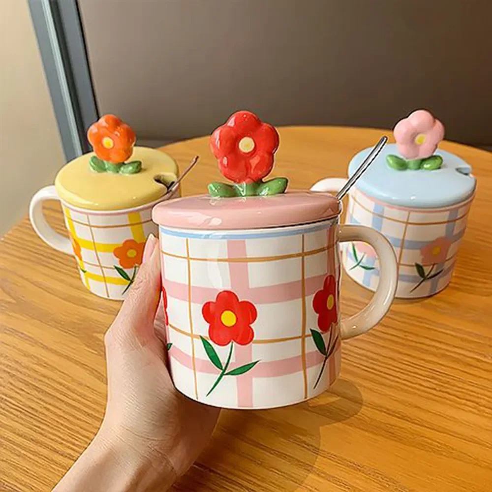 Kawaii Therapy Flower Pastel Grid Ceramic Cup (350ml)