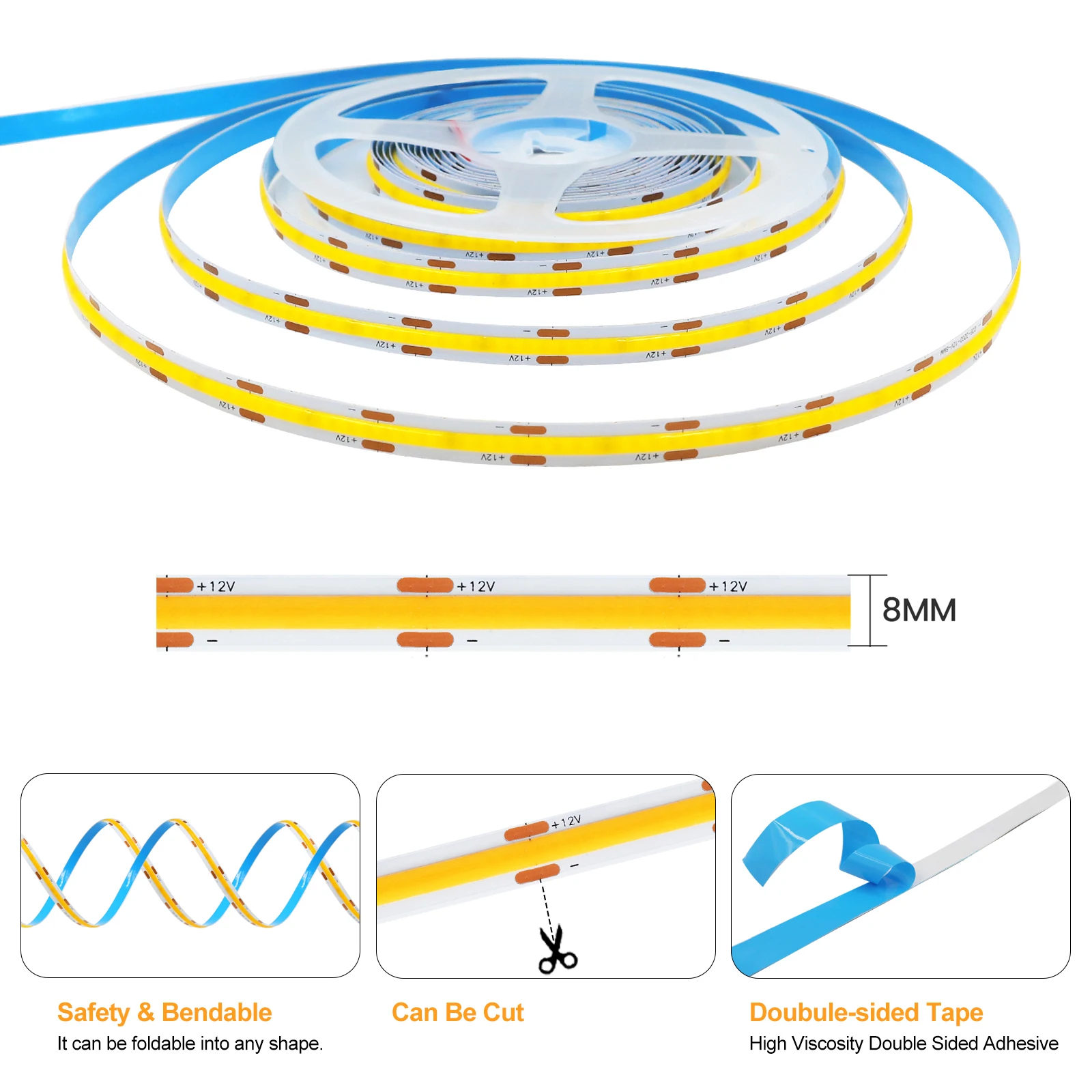 DC 12V 24V COB Strip LED Light 480 384 320 528Leds/M High Density RA90 White 3000K 4000K 6000K IP21 Flexible Ribbon Rope led strip lights