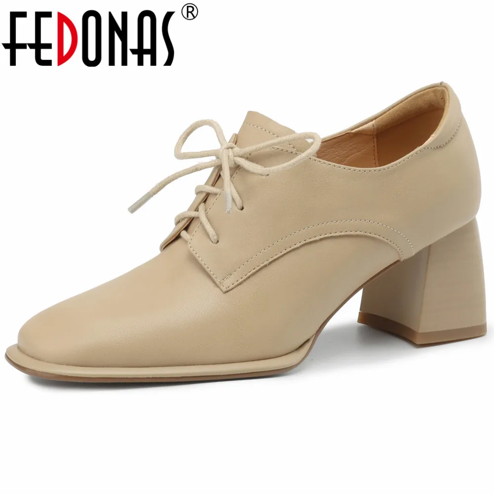 

FEDONAS Classic Basic Women Pumps Thick High Heels Spring Summer Genuine Leather Lace-Up Mature Office Lady Working Shoes Woman