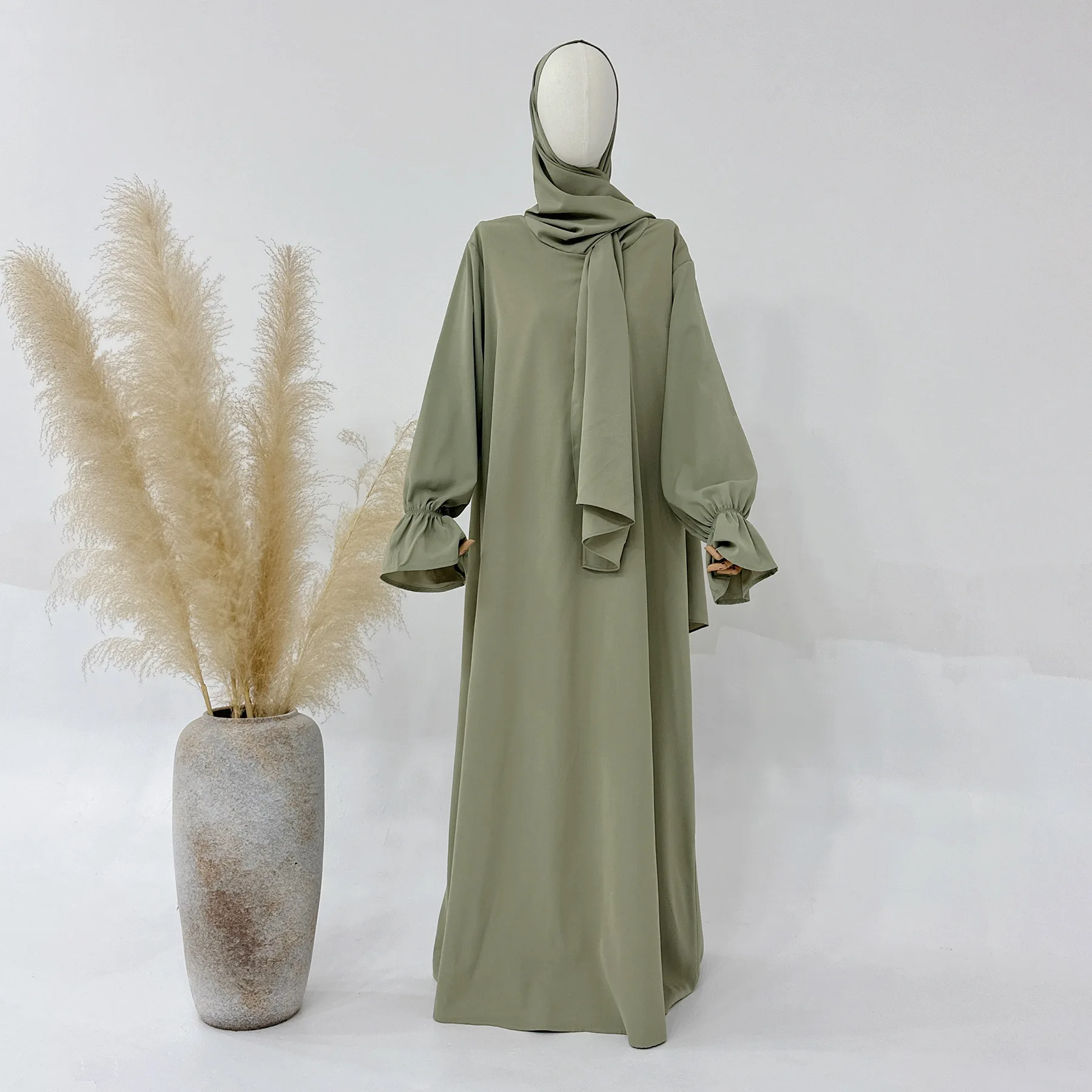 Hooded Abaya Dubai Jilbab One Piece Prayer Dress with Attached Hijab Trumpet Sleeves Muslim Women Ramadan Eid Islamic Clothing