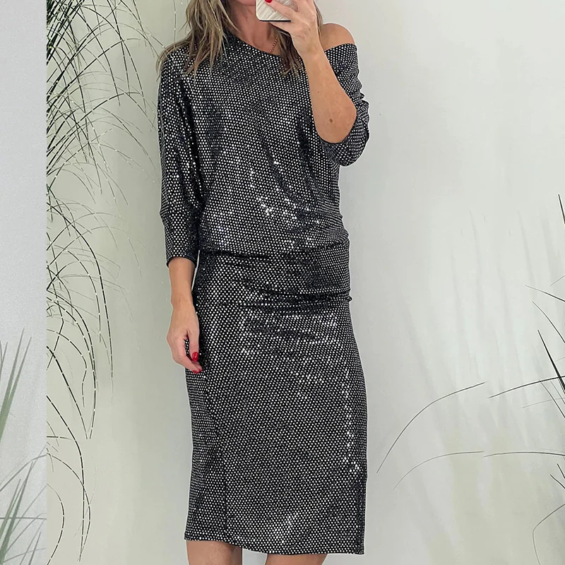 

Женское блестящее платье с длинным рукавом, повседневное однотонное длинное платье с блестками и воротником-лодочкой, свободное плиссированное платье