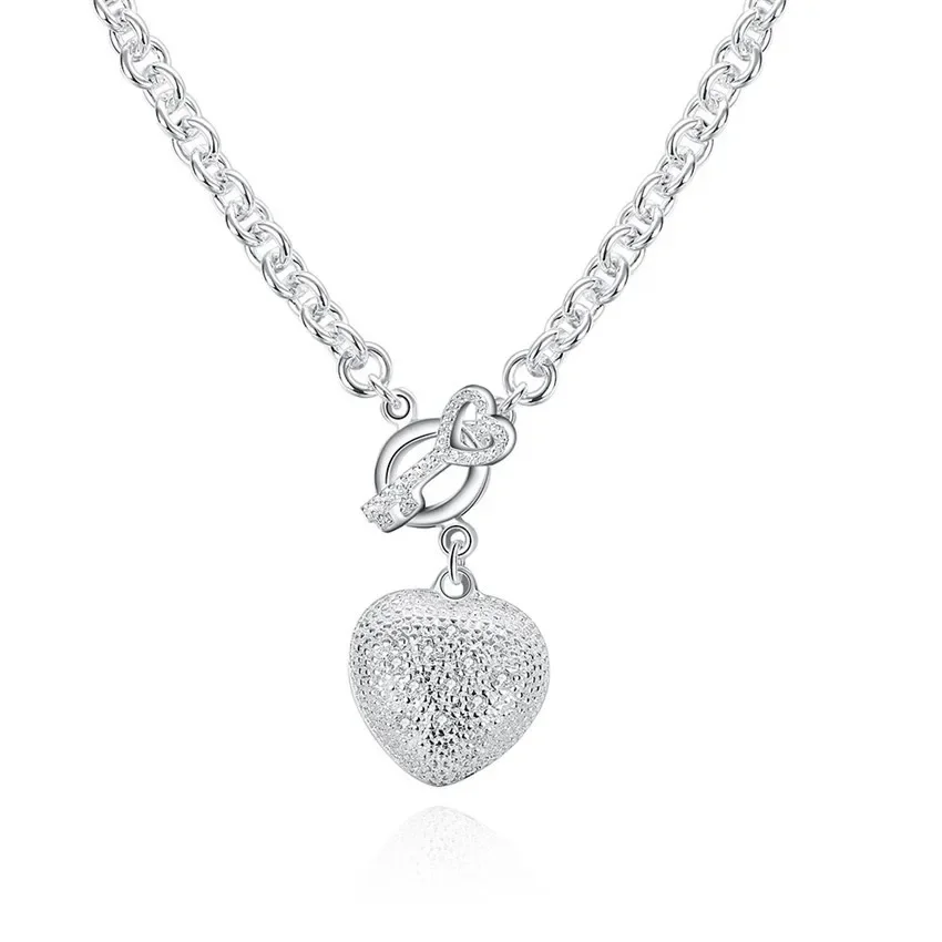 Pendant Necklace Silver Necklace 925 Sterling Silver Necklace Jewelry 18 inches Shiny Crystal Heart Key necklace for women Christmas gift