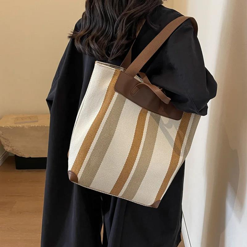 

Large Canvas Shoulder Bag For Women New Handbags Vintage Striped Tote Bag Female Ol Business Briefcase Korean Style Bucket Bag