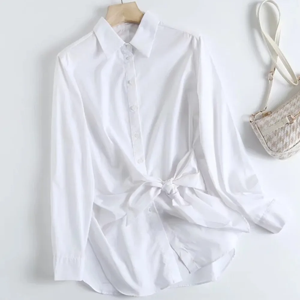 

Withered Indie Folk France Style Vintage Sashes Bow High Street pure Cotton White Shirt Casual Blouse Women Tops