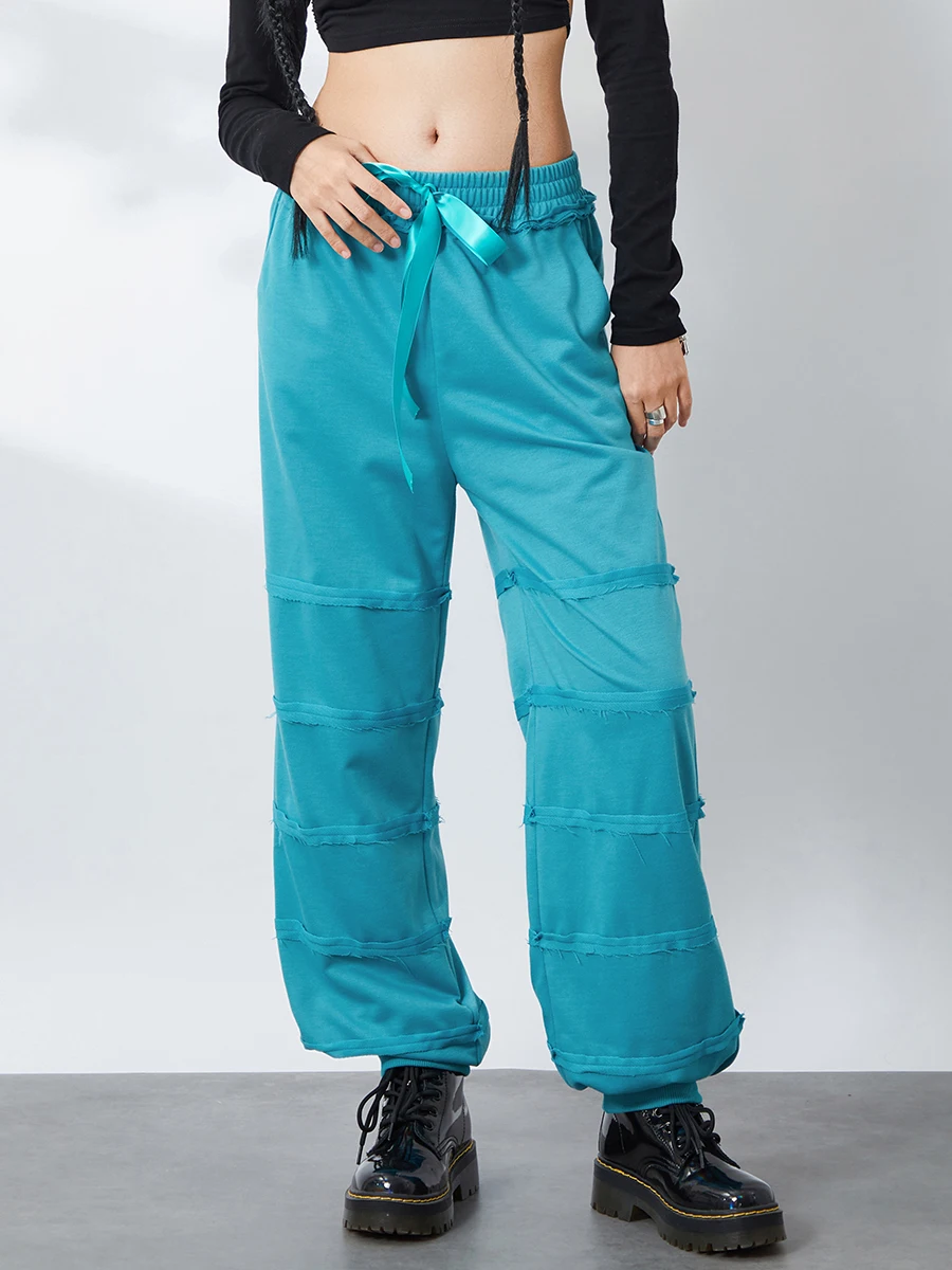 

Women s Jogger Pants Raw Hem Drawstring Ribbon Bowknot Elastic Waist Solid Color Loose Sweatpants Cinched Lounge Pants