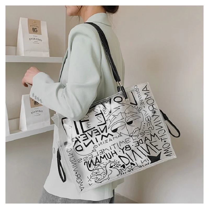 Ladies Transparent Tote Bag Graffiti Large Capacity Shoulder Bag PVC Jelly Clear  Bag Fashion Beach Hand Bag for Women