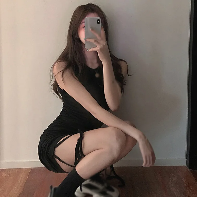 

Summer Women's Camisole Dress Sleeveless Drawstring Hip Wrap French Style Vintage Solid Color Nightclub Party Dress