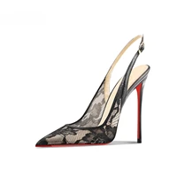 Black lace high-heeled sandals with pointed toes, thin heels, and shallow mouth, comfortable to wear with just one foot - Image 2