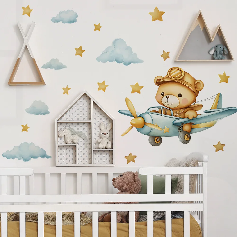 Cartoon Bear Airplane Wall Stickers Child Room Background Decoration Mural Kids Bedroom Home Decor Self-adhesive Nursery Decals