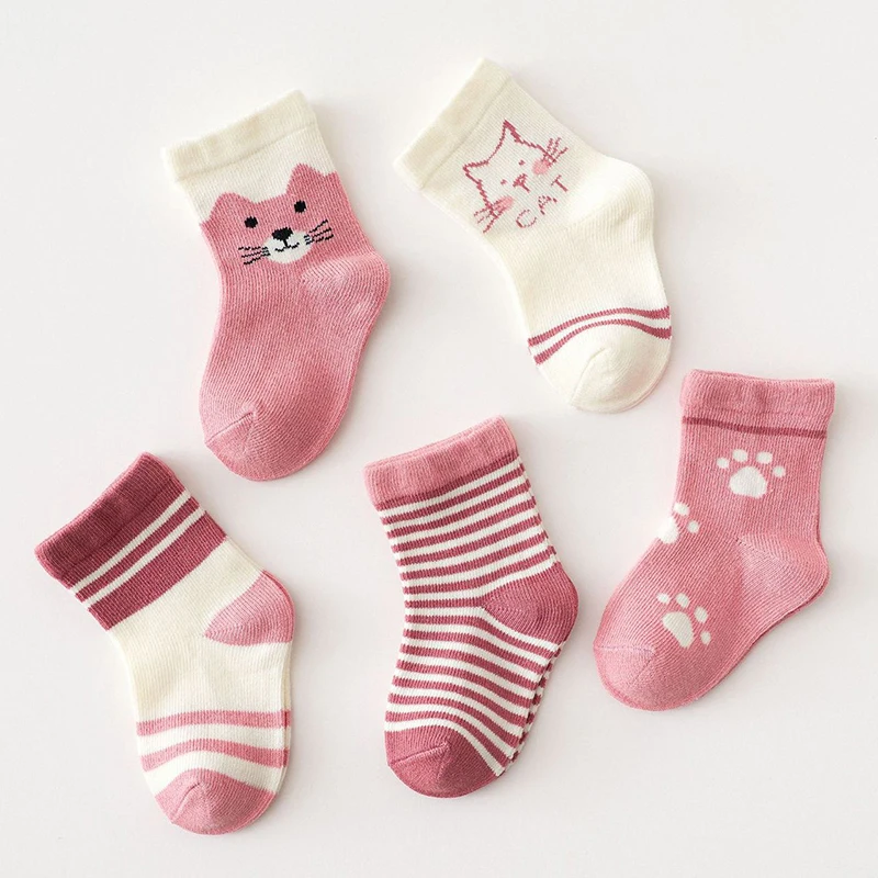 Kids Socks 5Pairs/Lot Baby Cartoon Socks Spring Autumn Infant Toddler Warm Mid Tube Cute Cat Footprint Striped Girls