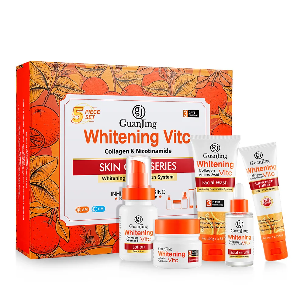 

GuanJing Vitamin C Extract Face Skin Care Set 5Pcs Collagen Anti-Aging Skincare Kit Nourishing Oil Control Serum Cream Suncreen