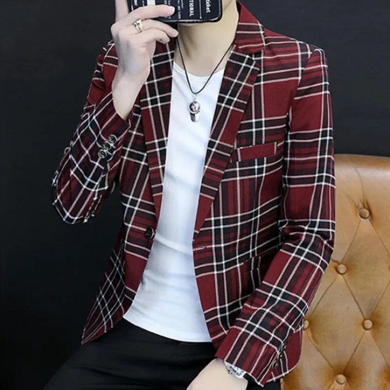Men's Single Row Suit Buckle Plaid Pattern Suit Top mens blazer