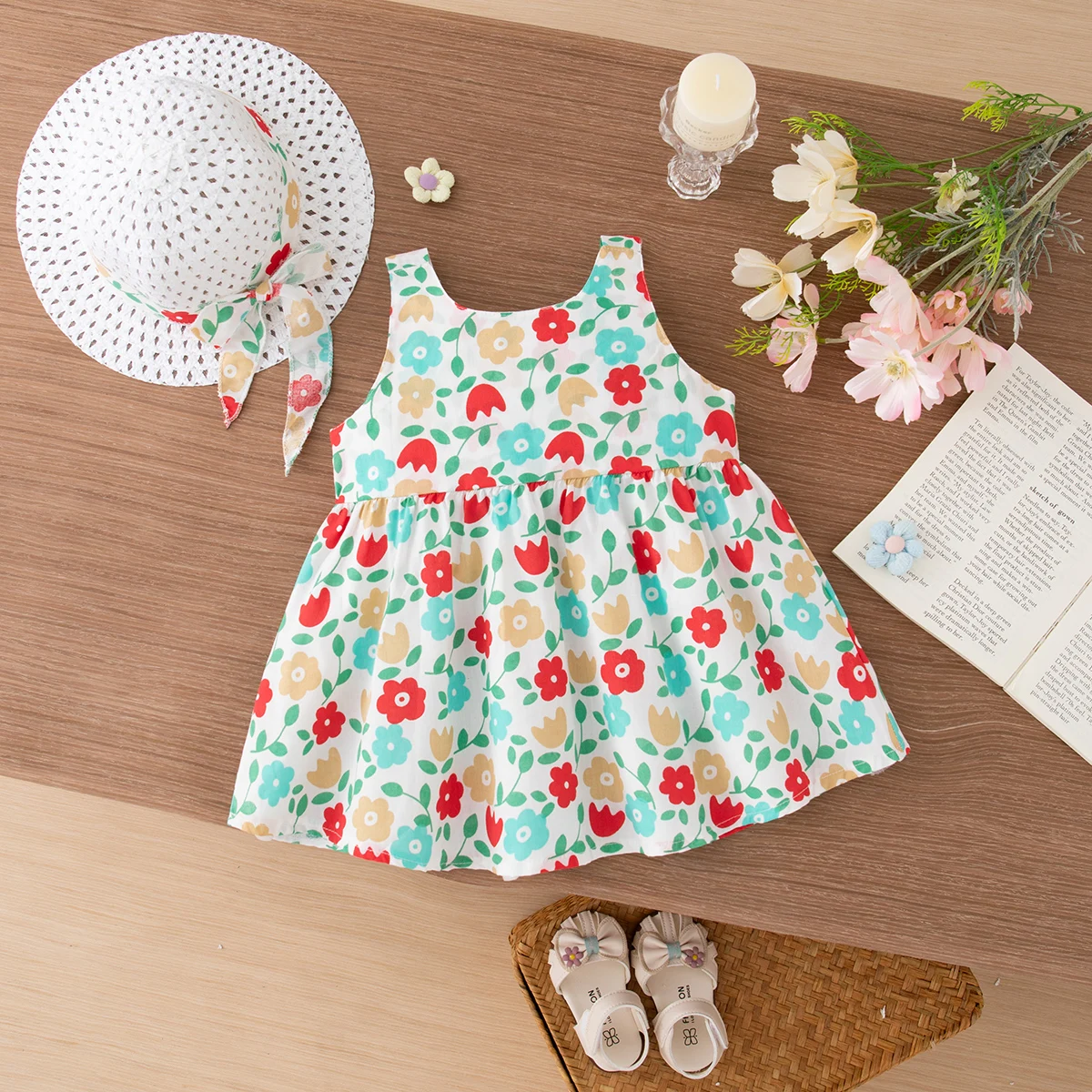 فستان بناتي صيفي طبعة زهور وقبعة