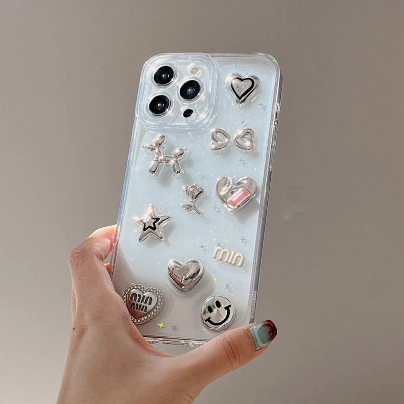 Charming 3D Love Heart & Star Design Phone Case - Epoxy Transparent Soft Shockproof Cover
