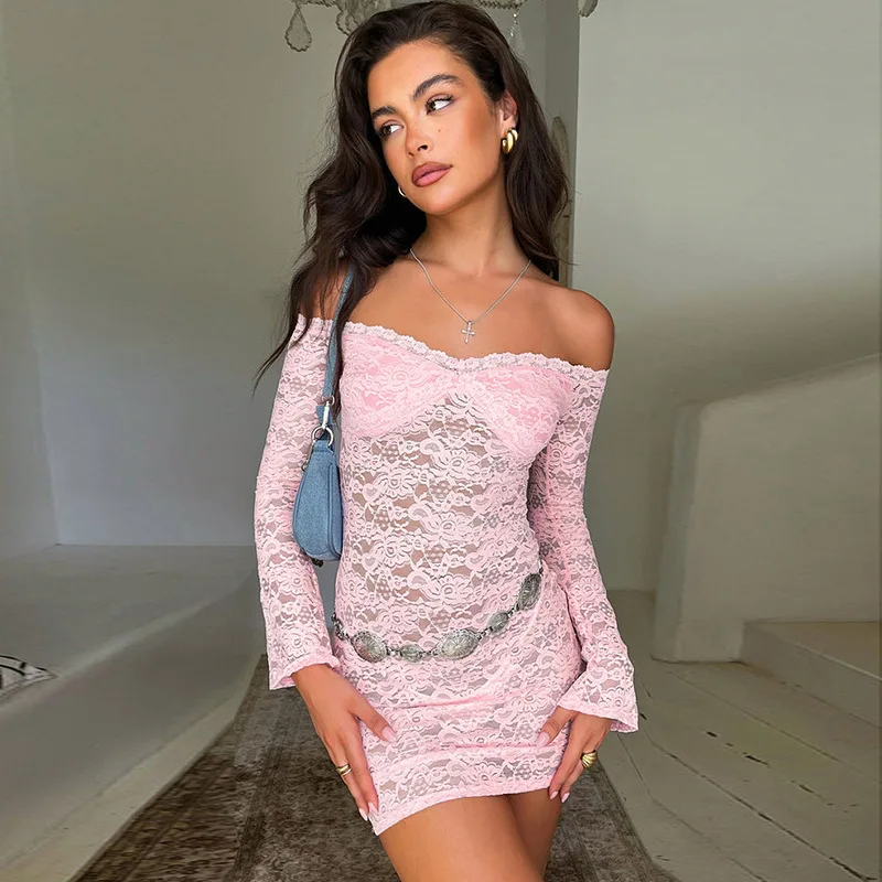 Townlike Perspective Lace Sexy Party Dress Women Off Shoulder Mini Autumn Winter Dress Slim Bodycon Dresses Vestidos girls dress