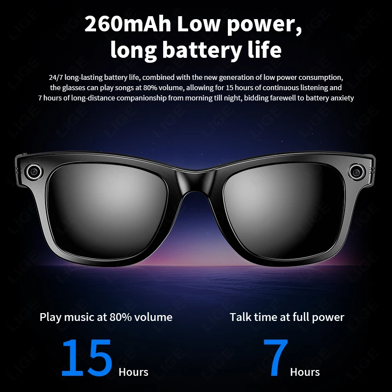 LIGE AI Camera Glasses Wireless Smart Sunglasses with Camera Bluetooth Call Music Glasses Video Sound Recording Antiblue Glasees